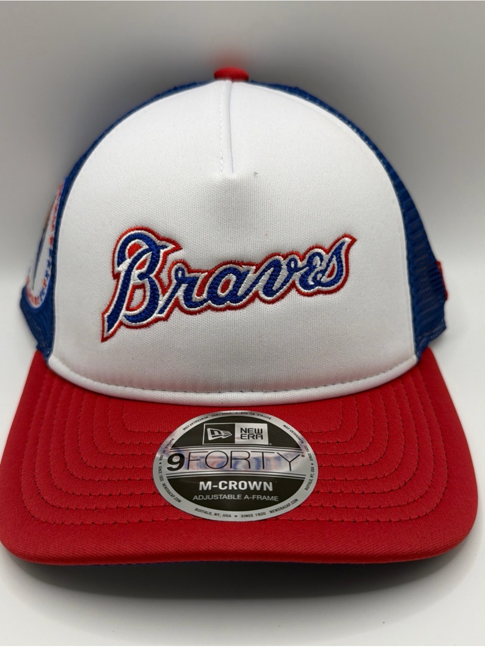 Atlanta Braves New Era 9FORTY M-Crown Mesh Trucker A-Frame Cap White Red Blue